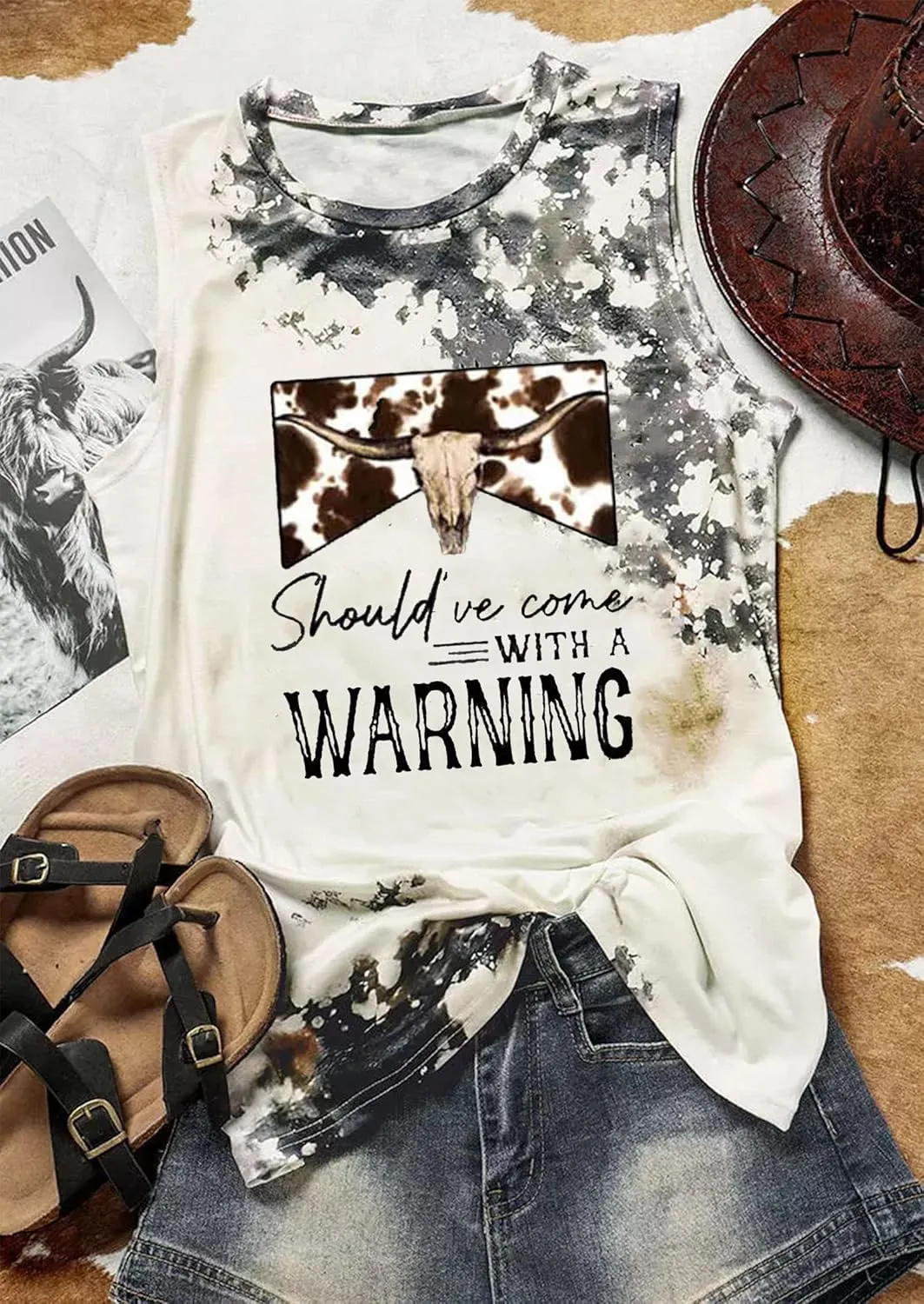 Cowboy Steer Skull Leopard Bleached Tank Tops for Women Western Cowgirl Tops Vintage Western Vest Rodeo Cowboy Shirts