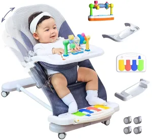 CuddoBaby Baby Bouncer 4-in-1 with Wheels, Detachable Piano, Feeding Tray, Play Bar, Thick Base. 3-Level Incline Portable Seat for Infant to Toddler 0-6, 0-12, 12-24 Months, Upto 29Lbs - Blue