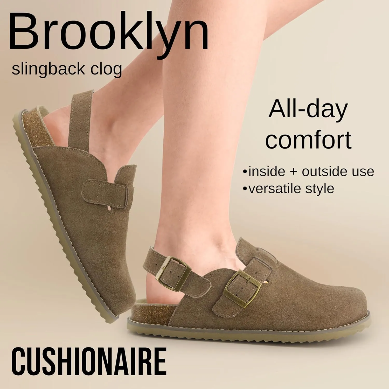 CUSHIONAIRE Brooklyn Women's Suede Clogs - Adjustable Slingback Clog Sandal with Buckle, Memory Foam, Wide Widths