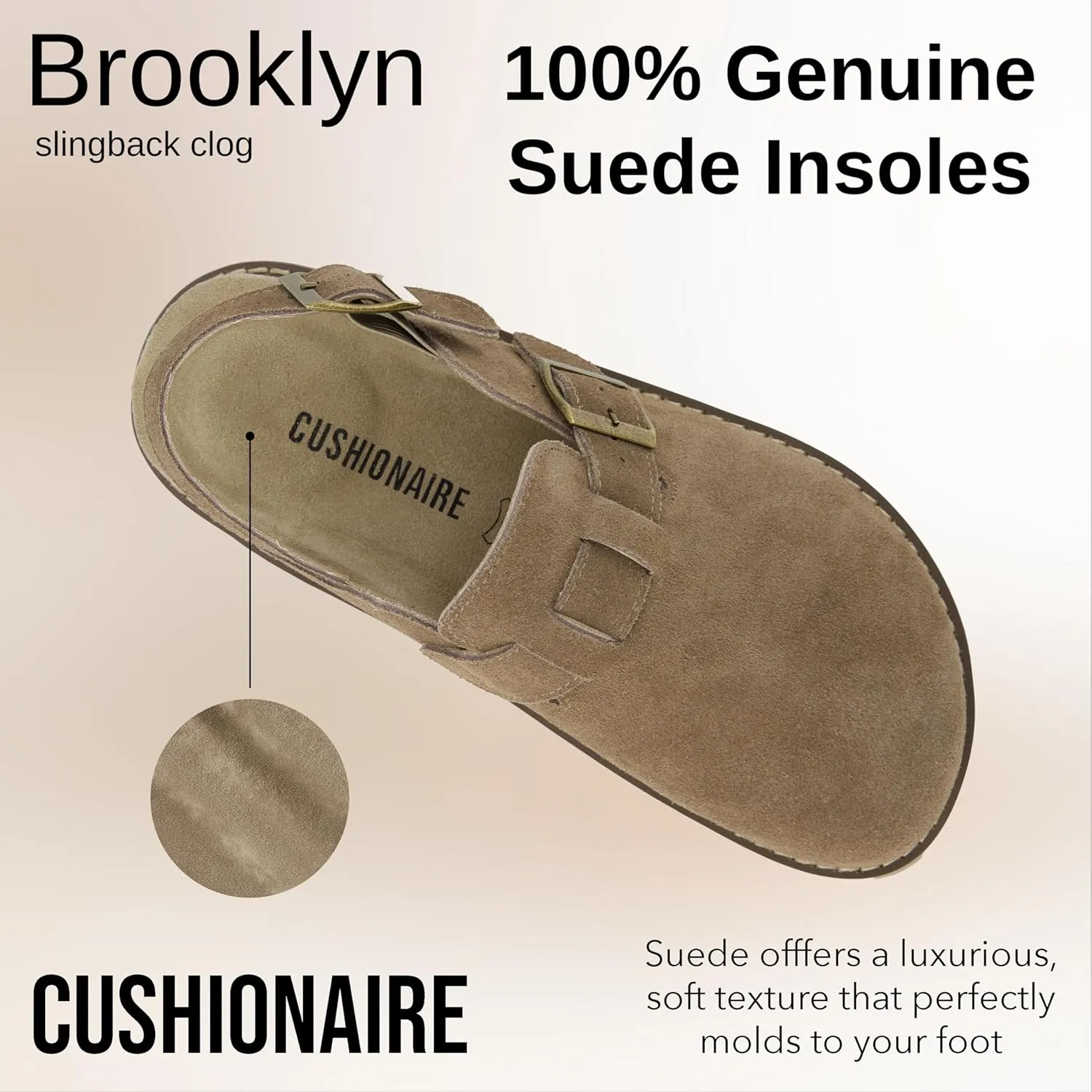 CUSHIONAIRE Brooklyn Women's Suede Clogs - Adjustable Slingback Clog Sandal with Buckle, Memory Foam, Wide Widths