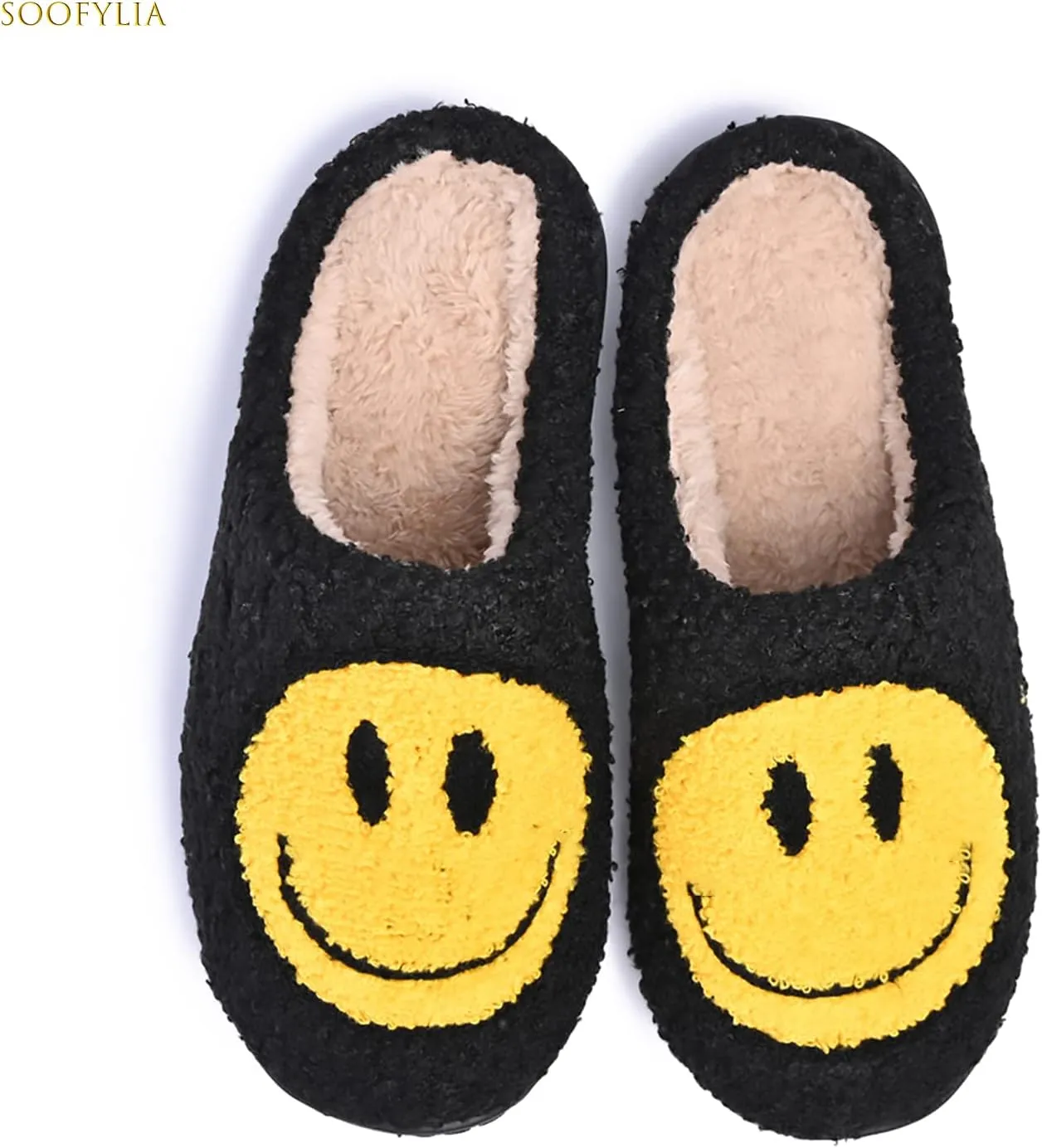 Cute Smile Face Slippers for Women and Men,Soft Plush Comfy Warm Couple Slip-On House Happy Face Slippers For Winter Indoor Outdoor Smile Slippers Non-slip Fuzzy Flat Slides