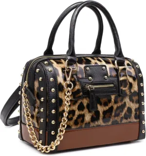 Dasein Women's Barrel Bag Shiny Patent Faux Leather Handbag with Rivet Decoration Top Handle Satchel Shoulder Purse