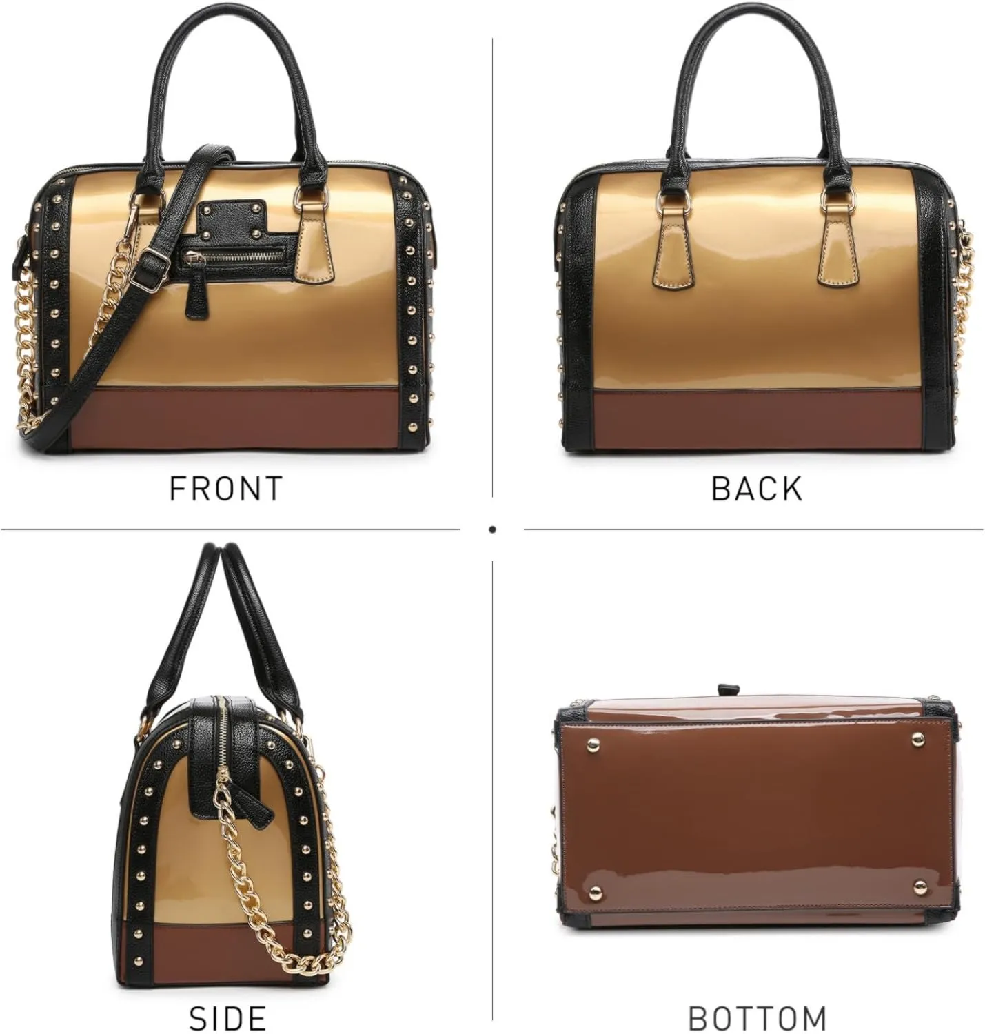 Dasein Women's Barrel Bag Shiny Patent Faux Leather Handbag with Rivet Decoration Top Handle Satchel Shoulder Purse