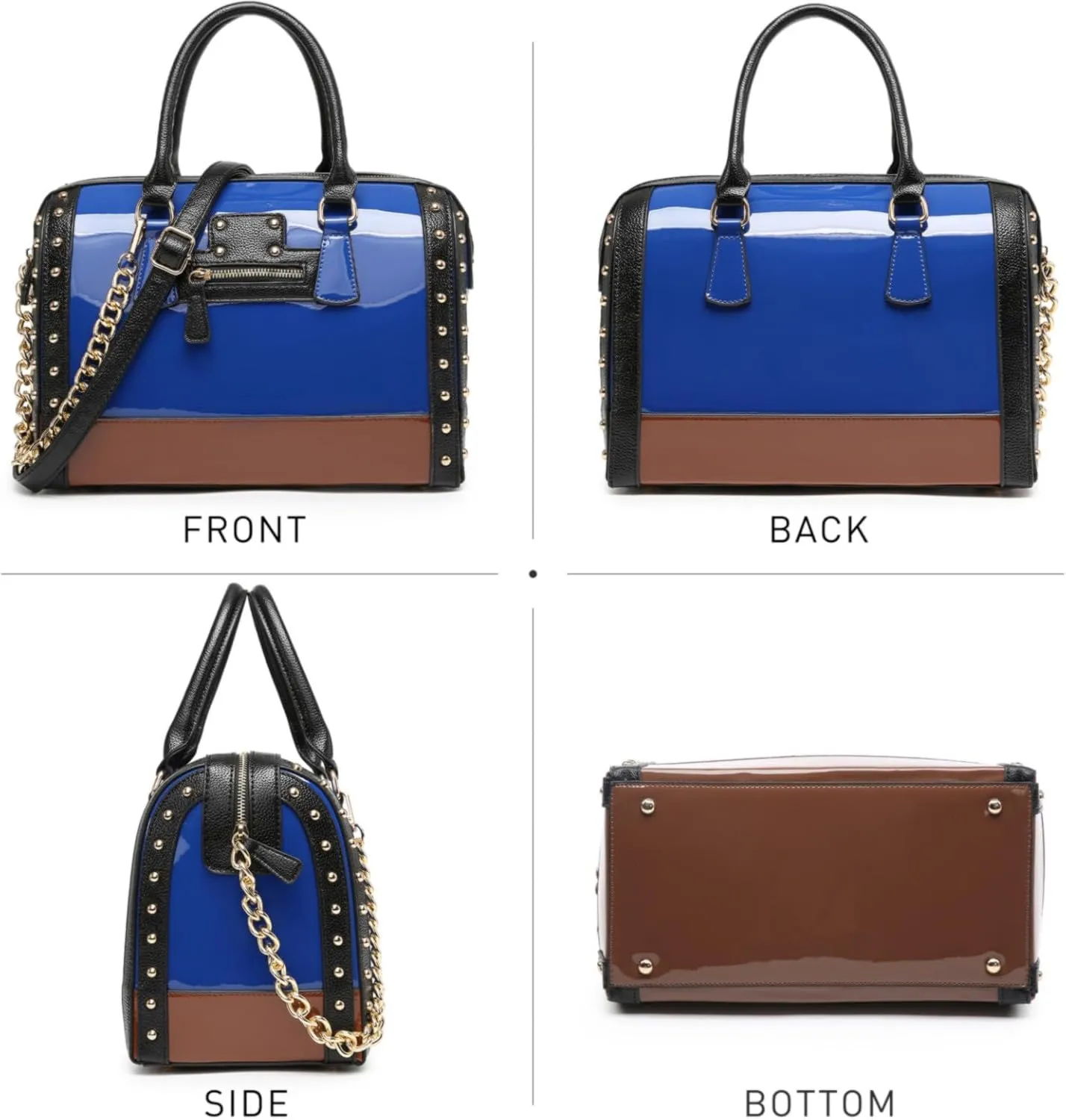 Dasein Women's Barrel Bag Shiny Patent Faux Leather Handbag with Rivet Decoration Top Handle Satchel Shoulder Purse