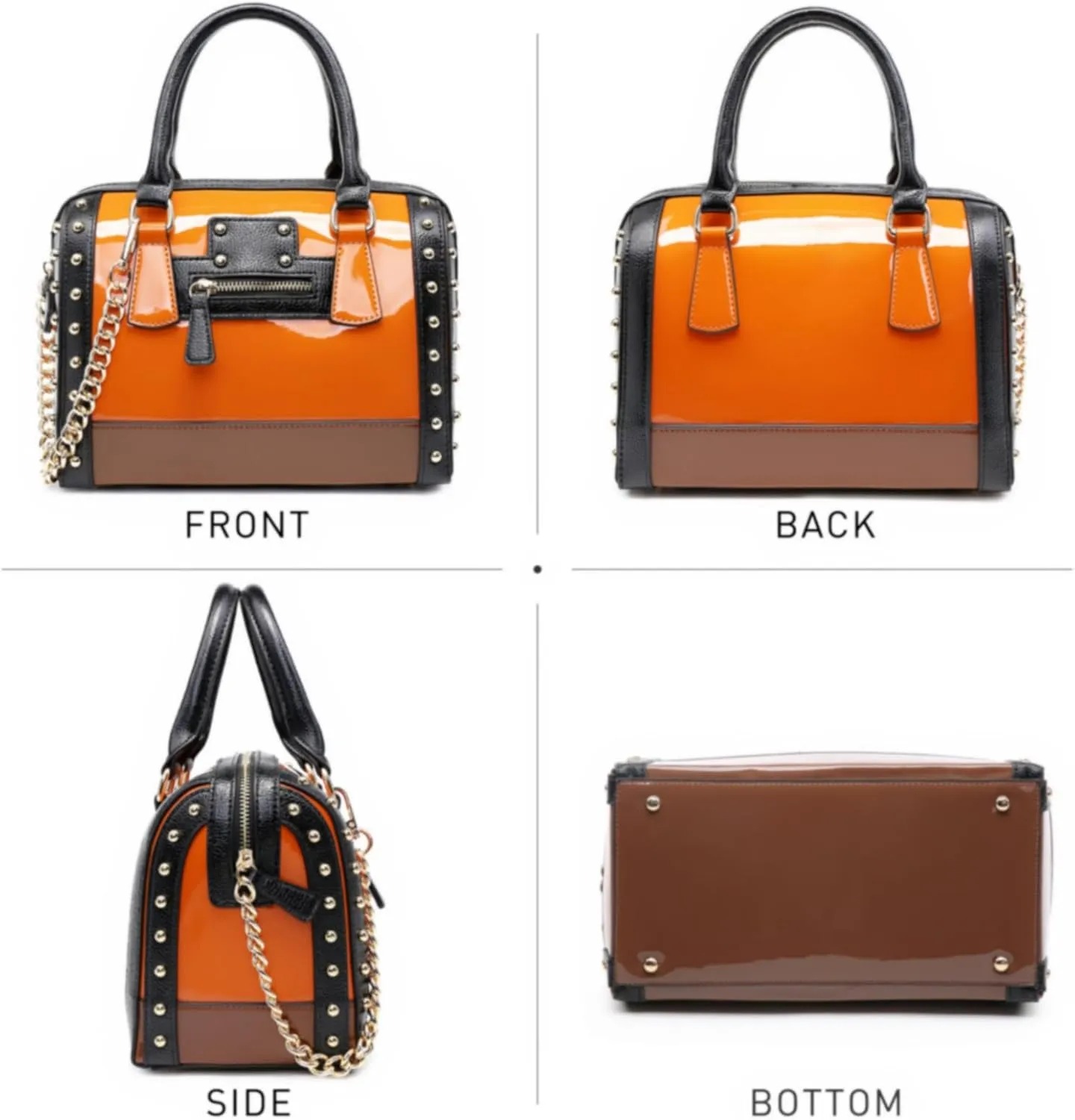 Dasein Women's Barrel Bag Shiny Patent Faux Leather Handbag with Rivet Decoration Top Handle Satchel Shoulder Purse
