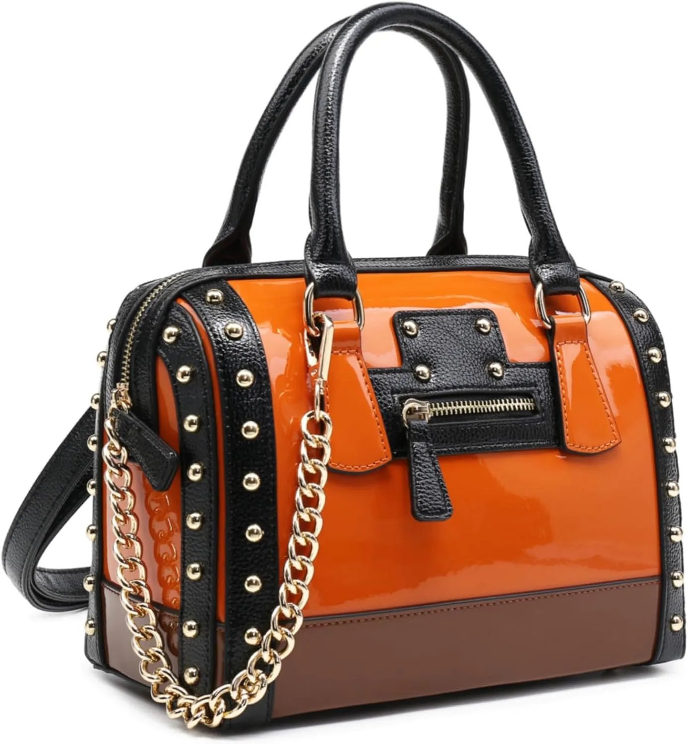 Dasein Women's Barrel Bag Shiny Patent Faux Leather Handbag with Rivet Decoration Top Handle Satchel Shoulder Purse