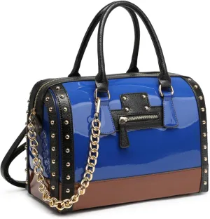 Dasein Women's Barrel Bag Shiny Patent Faux Leather Handbag with Rivet Decoration Top Handle Satchel Shoulder Purse
