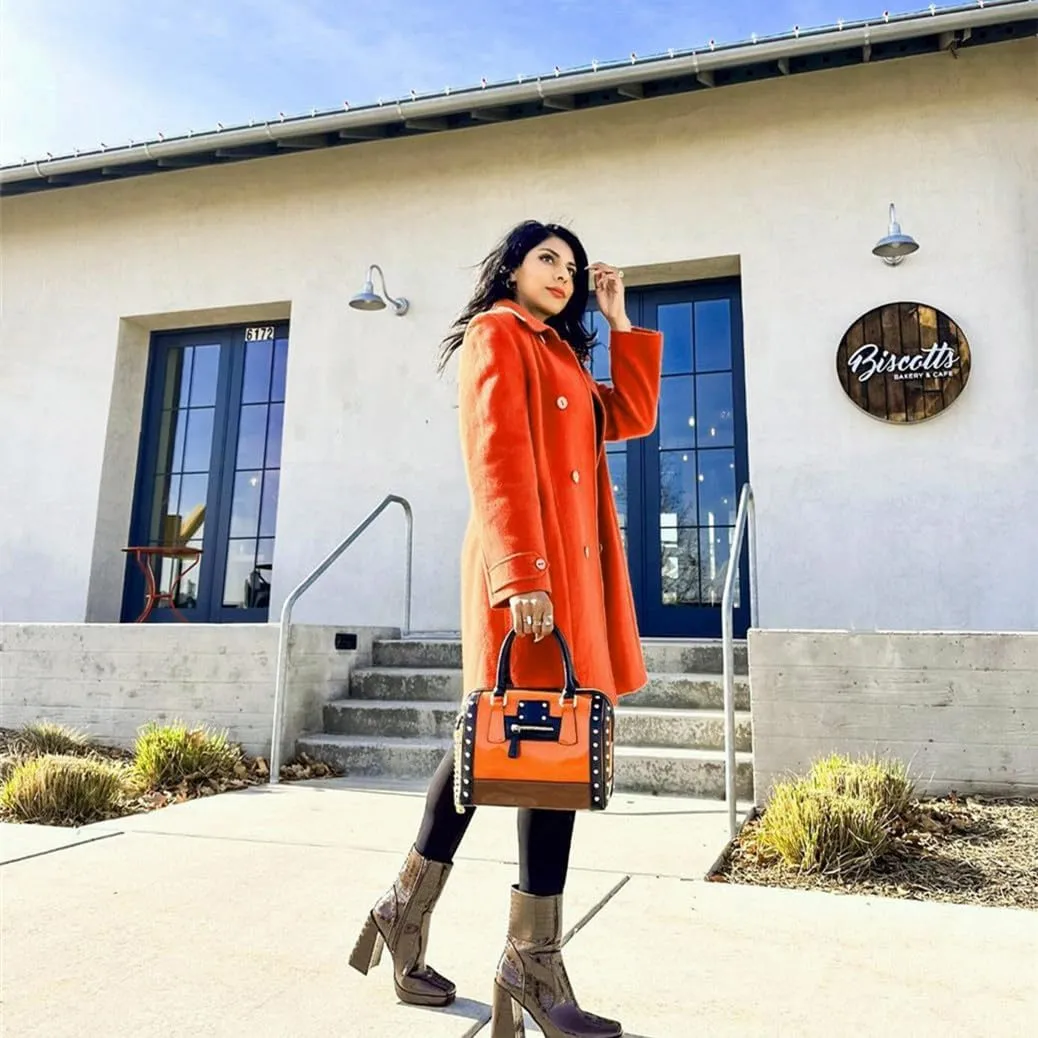 Dasein Women's Barrel Bag Shiny Patent Faux Leather Handbag with Rivet Decoration Top Handle Satchel Shoulder Purse