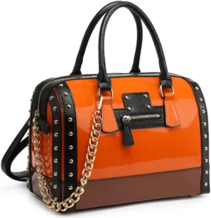 Dasein Women's Barrel Bag Shiny Patent Faux Leather Handbag with Rivet Decoration Top Handle Satchel Shoulder Purse