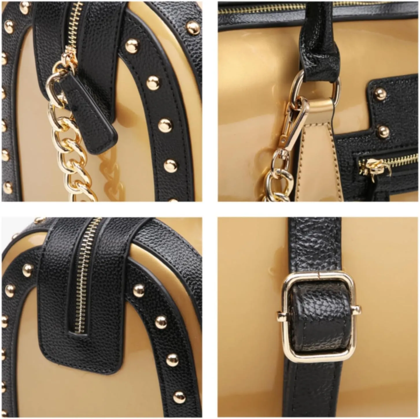 Dasein Women's Barrel Bag Shiny Patent Faux Leather Handbag with Rivet Decoration Top Handle Satchel Shoulder Purse