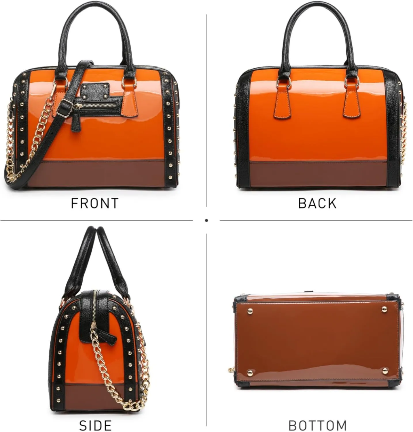 Dasein Women's Barrel Bag Shiny Patent Faux Leather Handbag with Rivet Decoration Top Handle Satchel Shoulder Purse