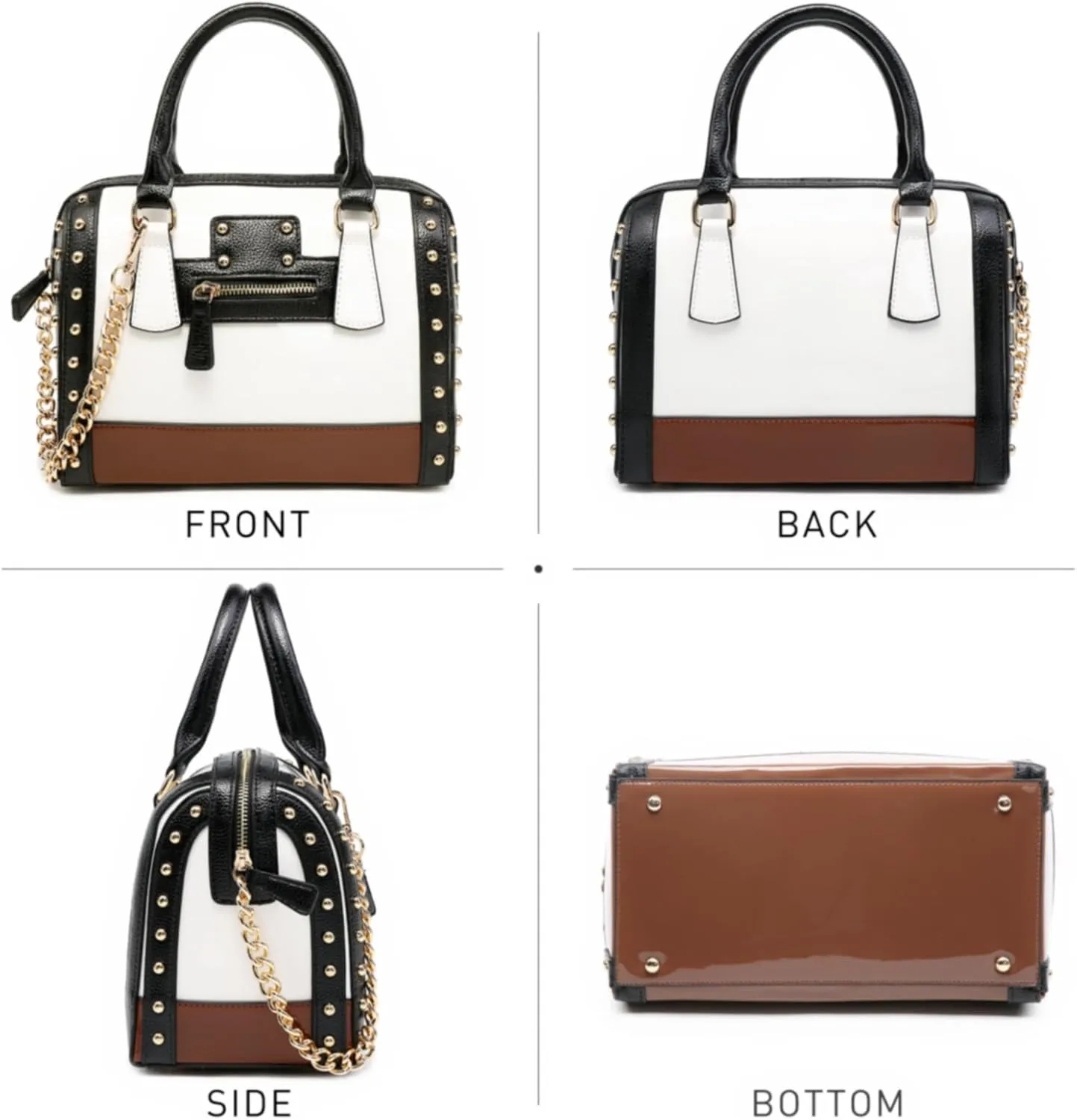Dasein Women's Barrel Bag Shiny Patent Faux Leather Handbag with Rivet Decoration Top Handle Satchel Shoulder Purse