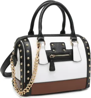 Dasein Women's Barrel Bag Shiny Patent Faux Leather Handbag with Rivet Decoration Top Handle Satchel Shoulder Purse