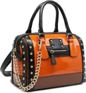 Dasein Women's Barrel Bag Shiny Patent Faux Leather Handbag with Rivet Decoration Top Handle Satchel Shoulder Purse