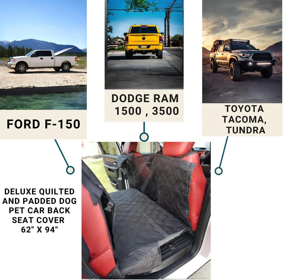 Deluxe Quilted and Padded Dog Pet Car Back Seat Cover with Comforting Fabric, Non-Slip Backing Best for Full Size Truck Crew Cab, Large SUV - Travel With Your Pet Mess Free - EXTRA WIDE 62"x94", BLACK