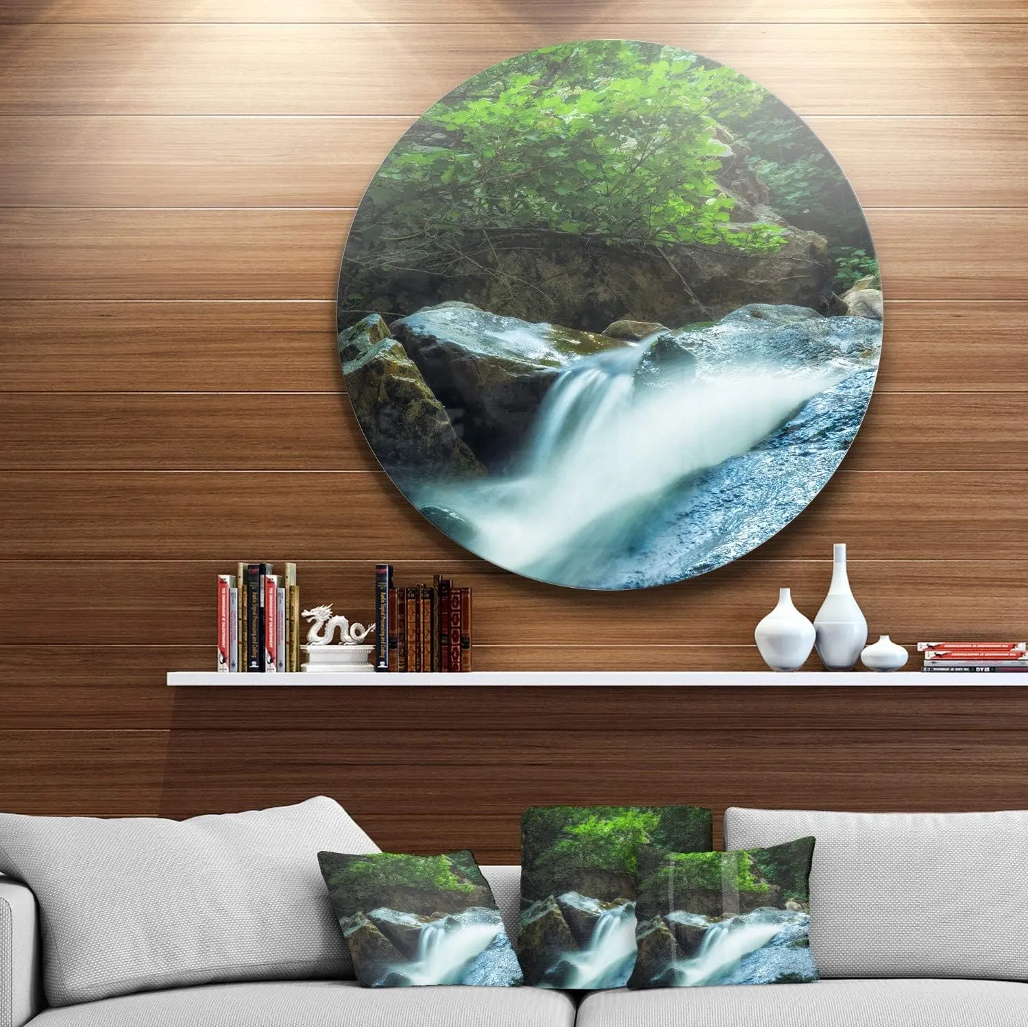 Designart Water Slide Over The Moss Landscape Round Metal Wall Art-Disc of 38, 38x38-Disc of 38 inch