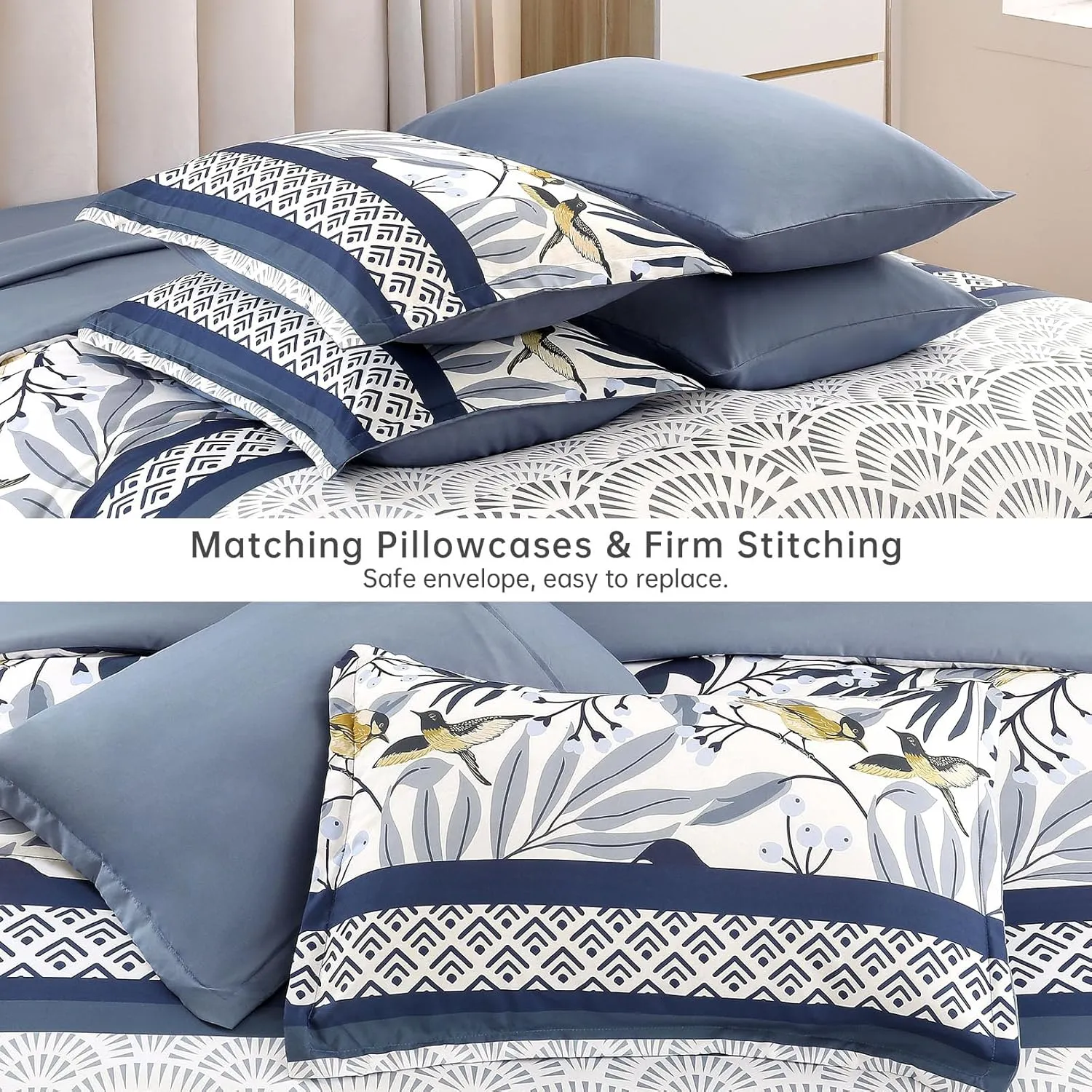 Dintszyayue King Size Comforter Set, 7 Pieces Blue Boho Comforter for King Bed, Leaves Botanical Bed in a Bag, Soft Microfiber Bird Bedding Set with Pillowcases,Flat Sheet,Fitted Sheet,Pillow Shams