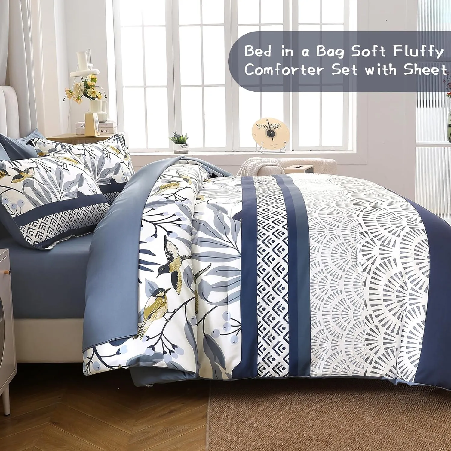 Dintszyayue King Size Comforter Set, 7 Pieces Blue Boho Comforter for King Bed, Leaves Botanical Bed in a Bag, Soft Microfiber Bird Bedding Set with Pillowcases,Flat Sheet,Fitted Sheet,Pillow Shams