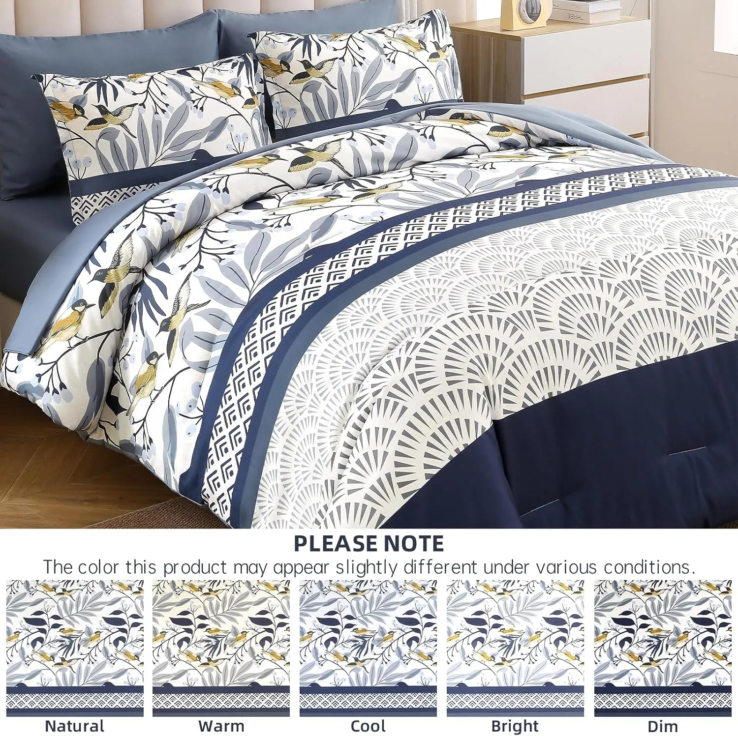 Dintszyayue King Size Comforter Set, 7 Pieces Blue Boho Comforter for King Bed, Leaves Botanical Bed in a Bag, Soft Microfiber Bird Bedding Set with Pillowcases,Flat Sheet,Fitted Sheet,Pillow Shams