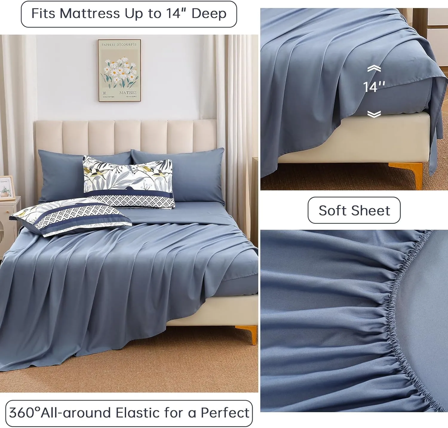 Dintszyayue King Size Comforter Set, 7 Pieces Blue Boho Comforter for King Bed, Leaves Botanical Bed in a Bag, Soft Microfiber Bird Bedding Set with Pillowcases,Flat Sheet,Fitted Sheet,Pillow Shams