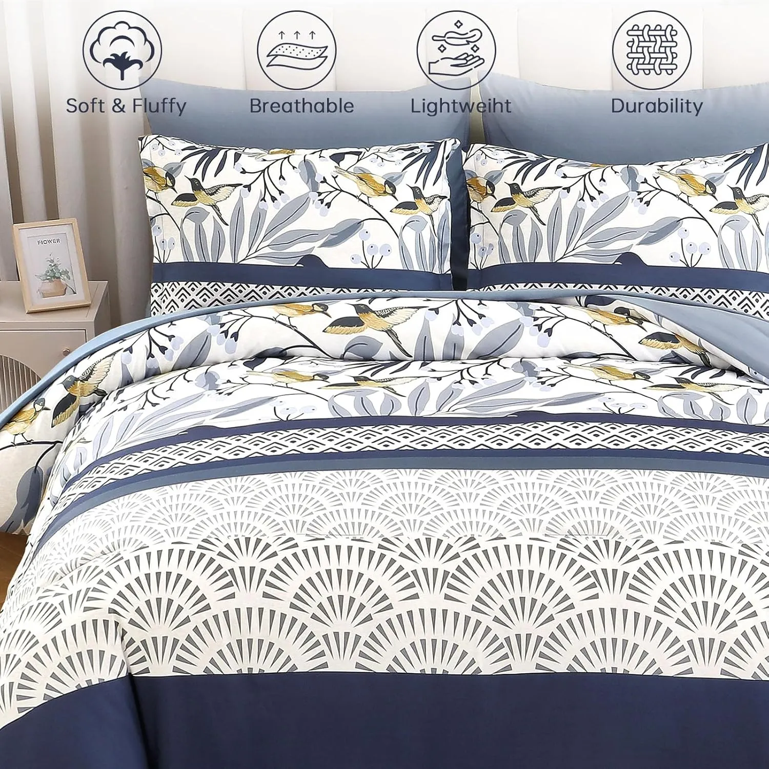Dintszyayue King Size Comforter Set, 7 Pieces Blue Boho Comforter for King Bed, Leaves Botanical Bed in a Bag, Soft Microfiber Bird Bedding Set with Pillowcases,Flat Sheet,Fitted Sheet,Pillow Shams
