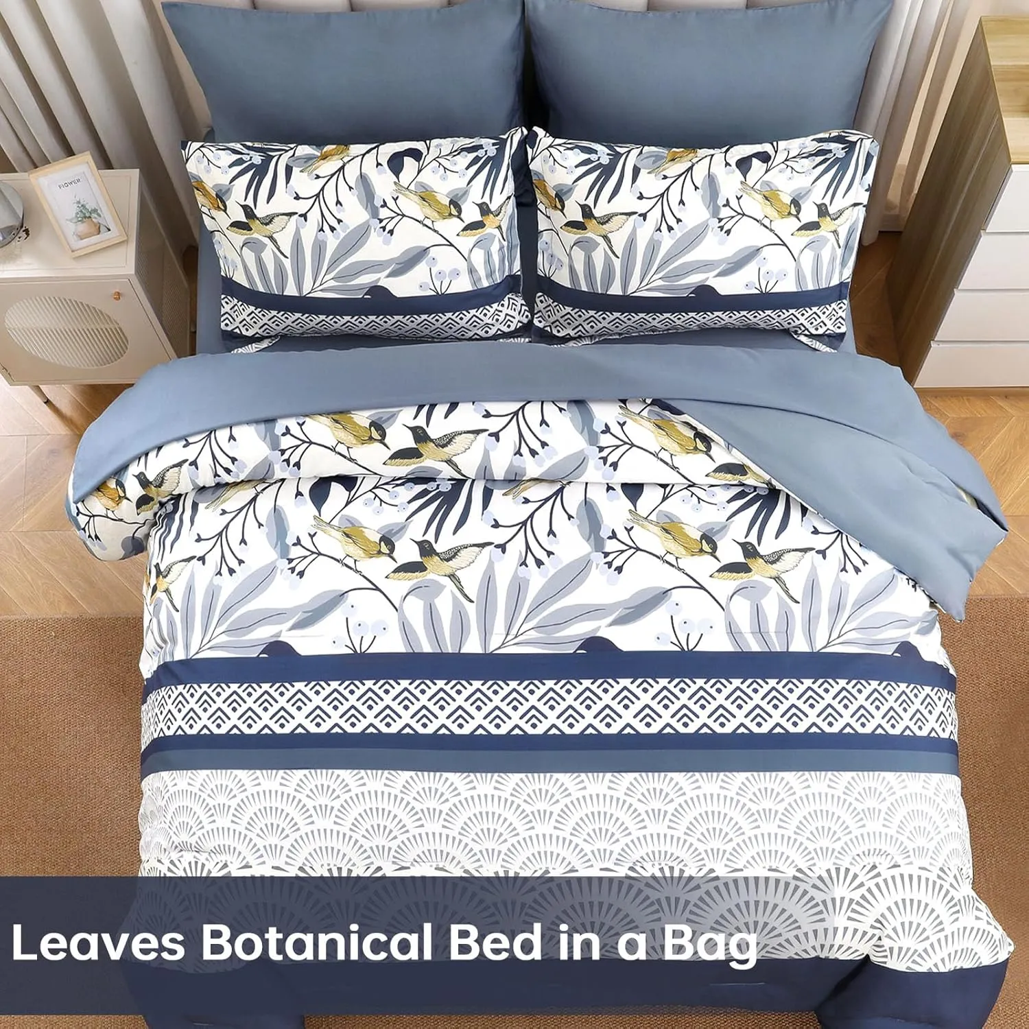 Dintszyayue King Size Comforter Set, 7 Pieces Blue Boho Comforter for King Bed, Leaves Botanical Bed in a Bag, Soft Microfiber Bird Bedding Set with Pillowcases,Flat Sheet,Fitted Sheet,Pillow Shams