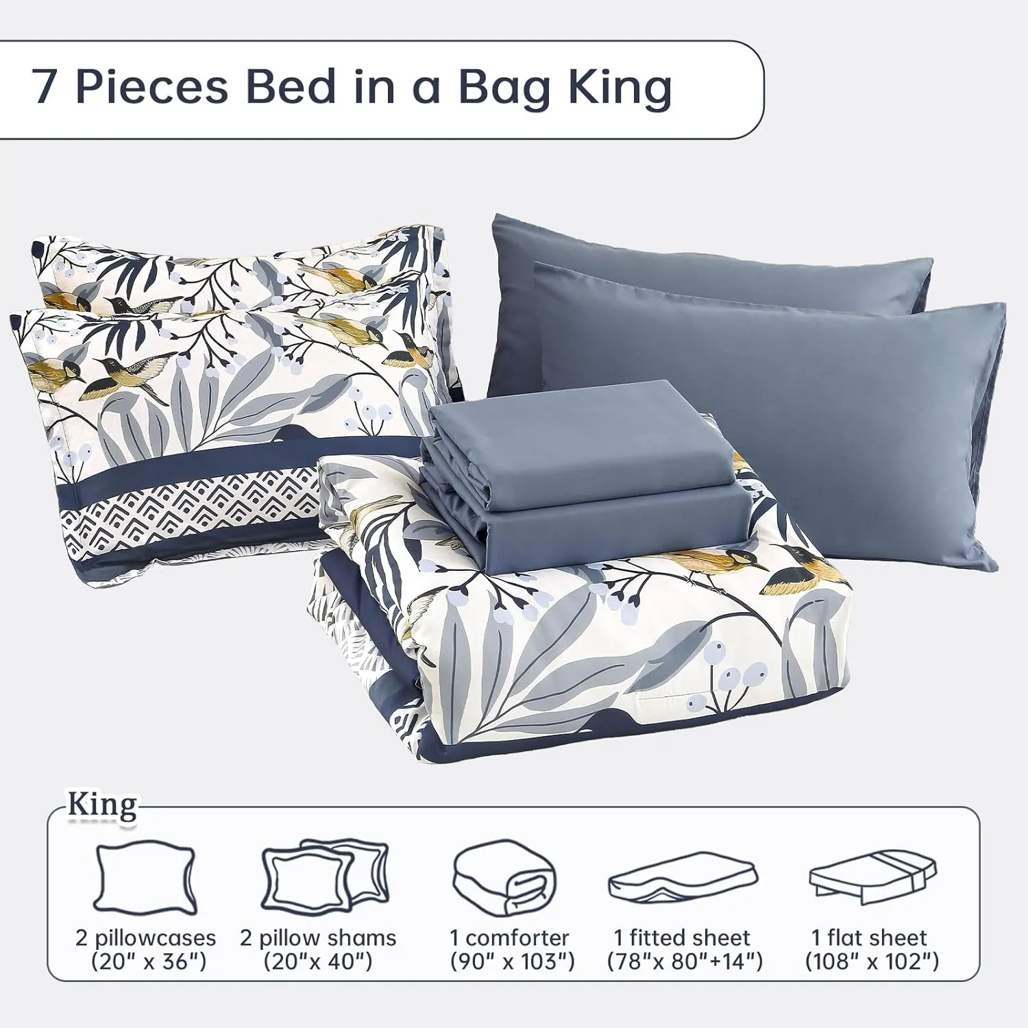 Dintszyayue King Size Comforter Set, 7 Pieces Blue Boho Comforter for King Bed, Leaves Botanical Bed in a Bag, Soft Microfiber Bird Bedding Set with Pillowcases,Flat Sheet,Fitted Sheet,Pillow Shams