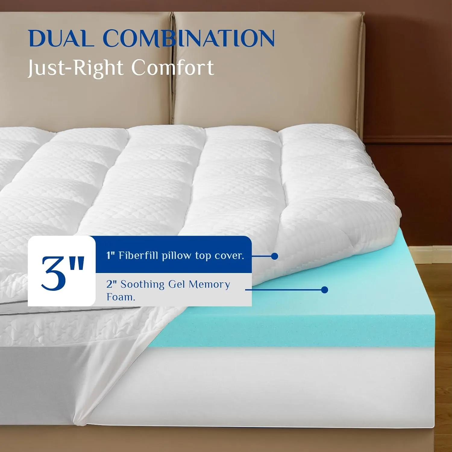 Dual Layer 3 Inch Memory Foam Mattress Topper Full Size, 2 Inch Cooling Gel Memory Foam Plus 1 Inch Down Alternative PillowTop Mattress Pad Cover with 8-21 Inch Deep Pocket