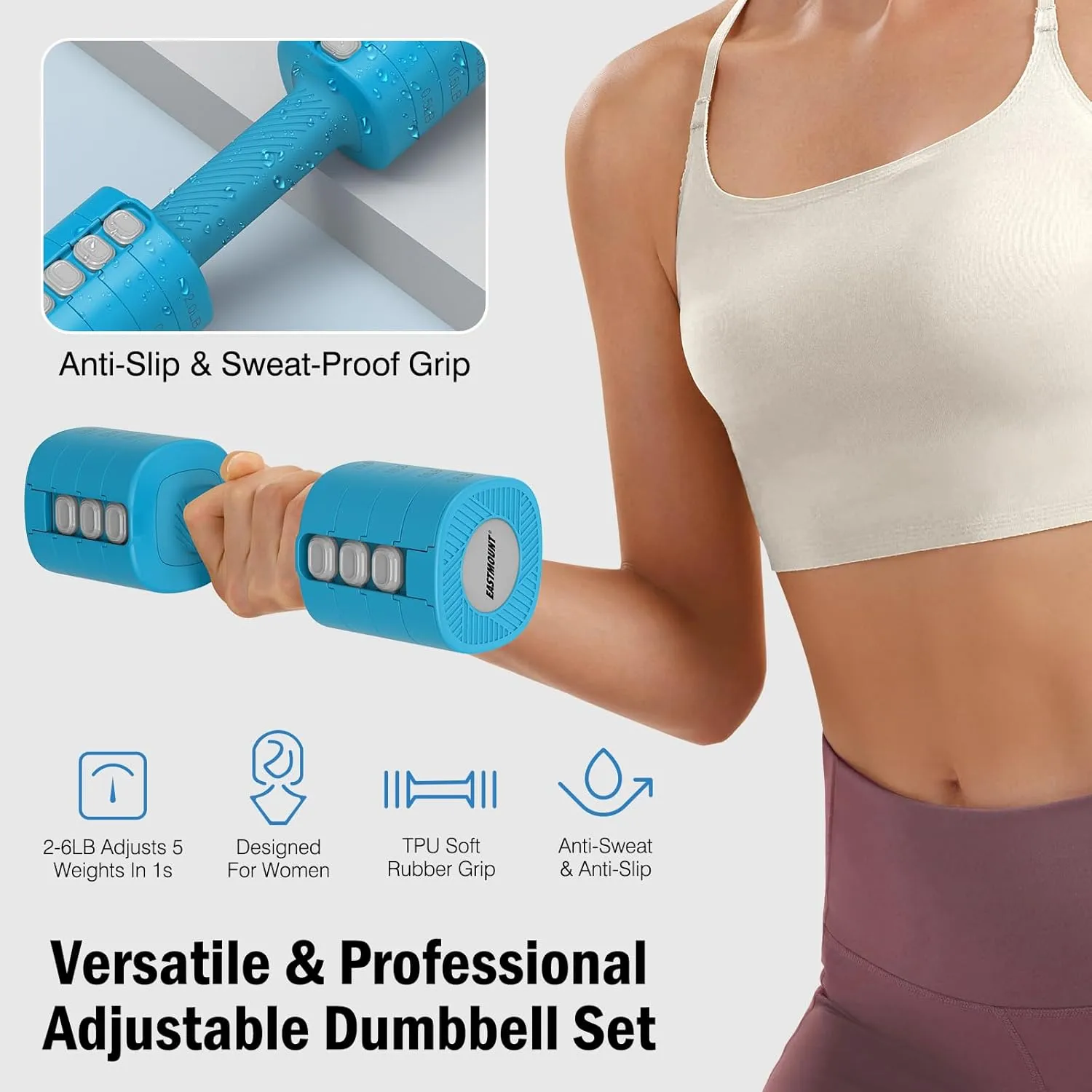 EAST MOUNT Adjustable Weight Dumbbells Set of 2 8 in 1 Hand Weights for Women 2lb/3lb/4lb/5lb/6lb Dumbbell Weights Set for Home Gym Workout