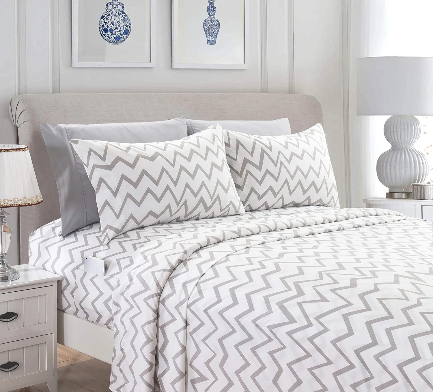Elegant Comfort Luxury Soft Bed Sheets Chevron Pattern - 1500 Premium Hotel Quality Microfiber Softness Wrinkle and Fade Resistant (6-Piece) Bedding Set, Queen, Grey