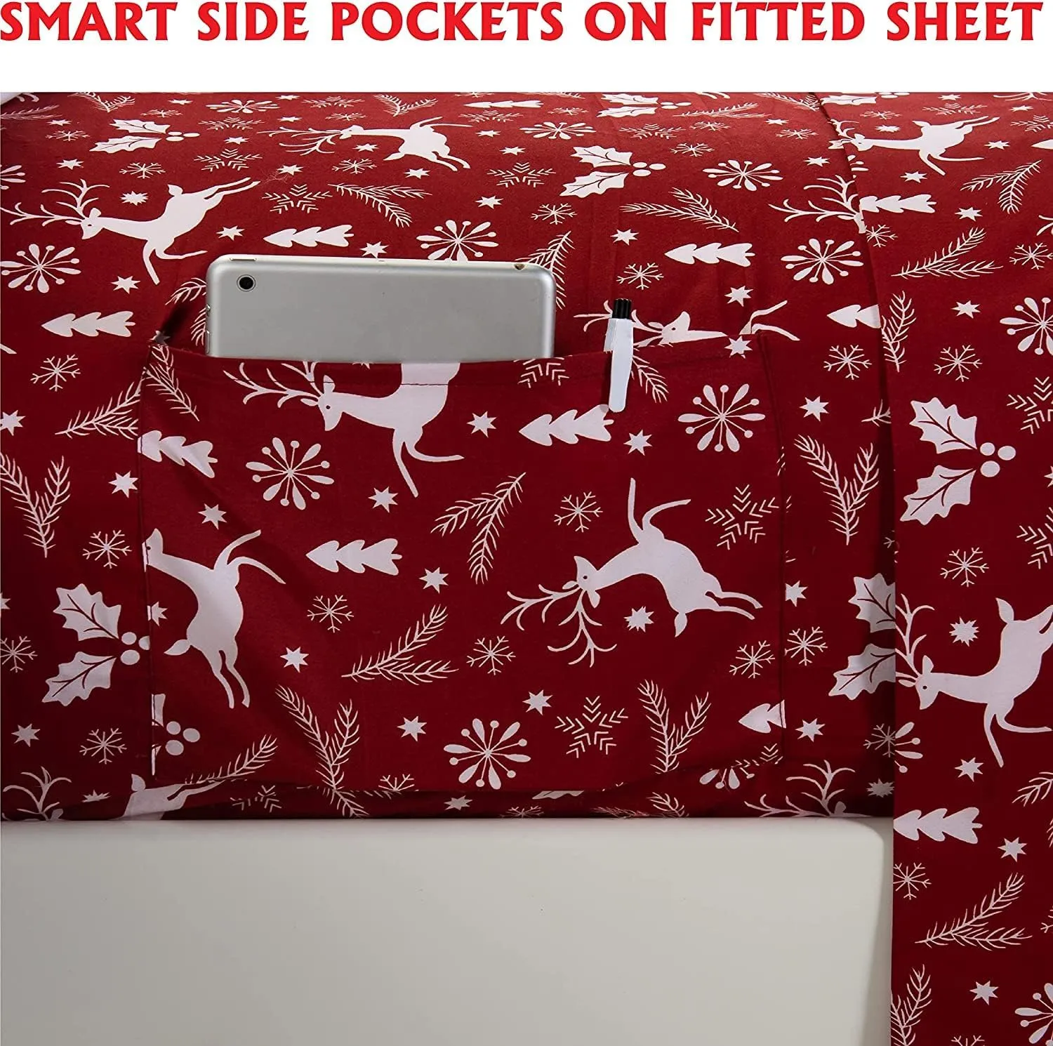 Elegant Comfort Luxury Soft Bed Sheets Holiday Pattern 1500 Premium Hotel Quality Microfiber - Softness Wrinkle and Fade Resistant (6-Piece) Bedding Set, Cal King, Burgundy Reindeer