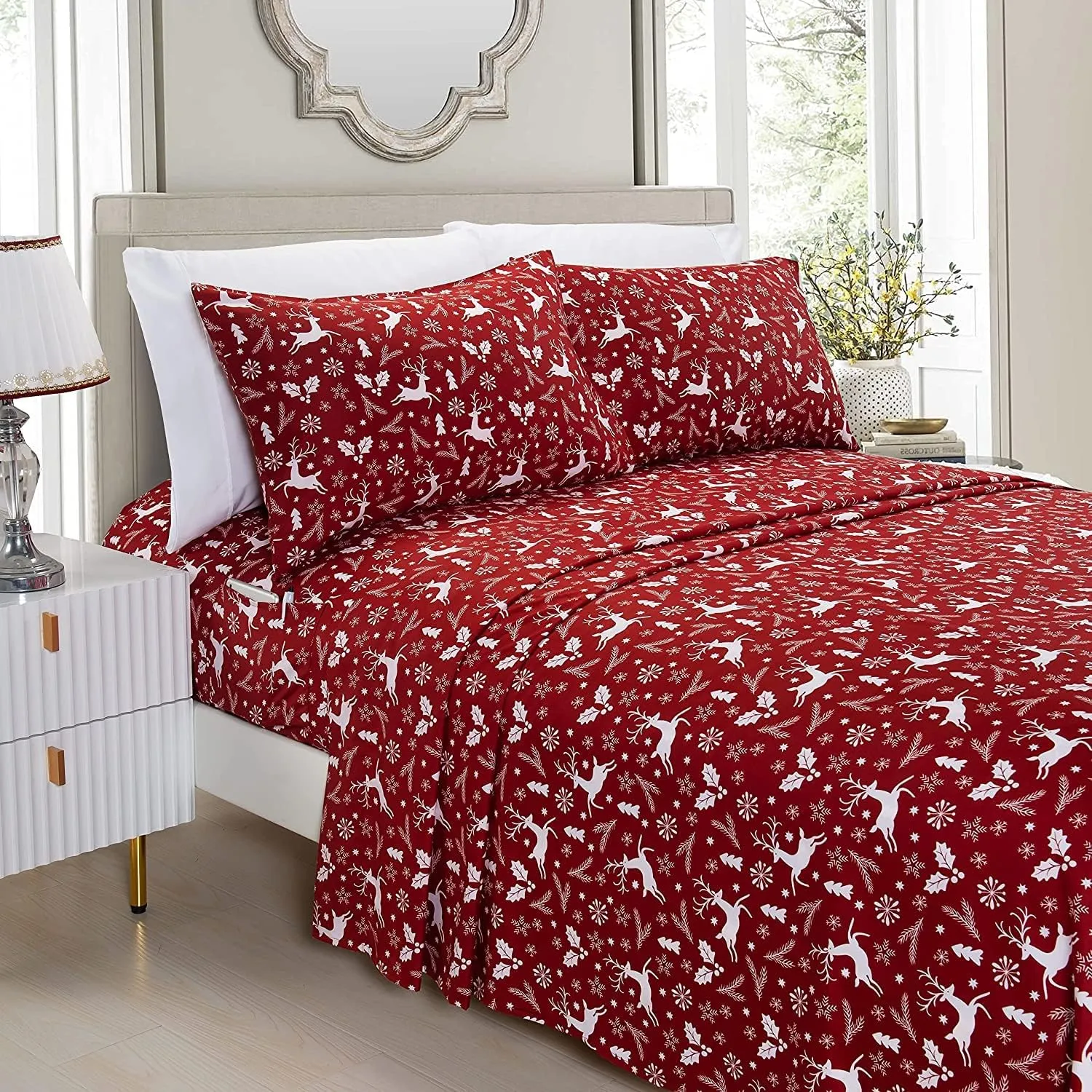 Elegant Comfort Luxury Soft Bed Sheets Holiday Pattern 1500 Premium Hotel Quality Microfiber - Softness Wrinkle and Fade Resistant (6-Piece) Bedding Set, Cal King, Burgundy Reindeer