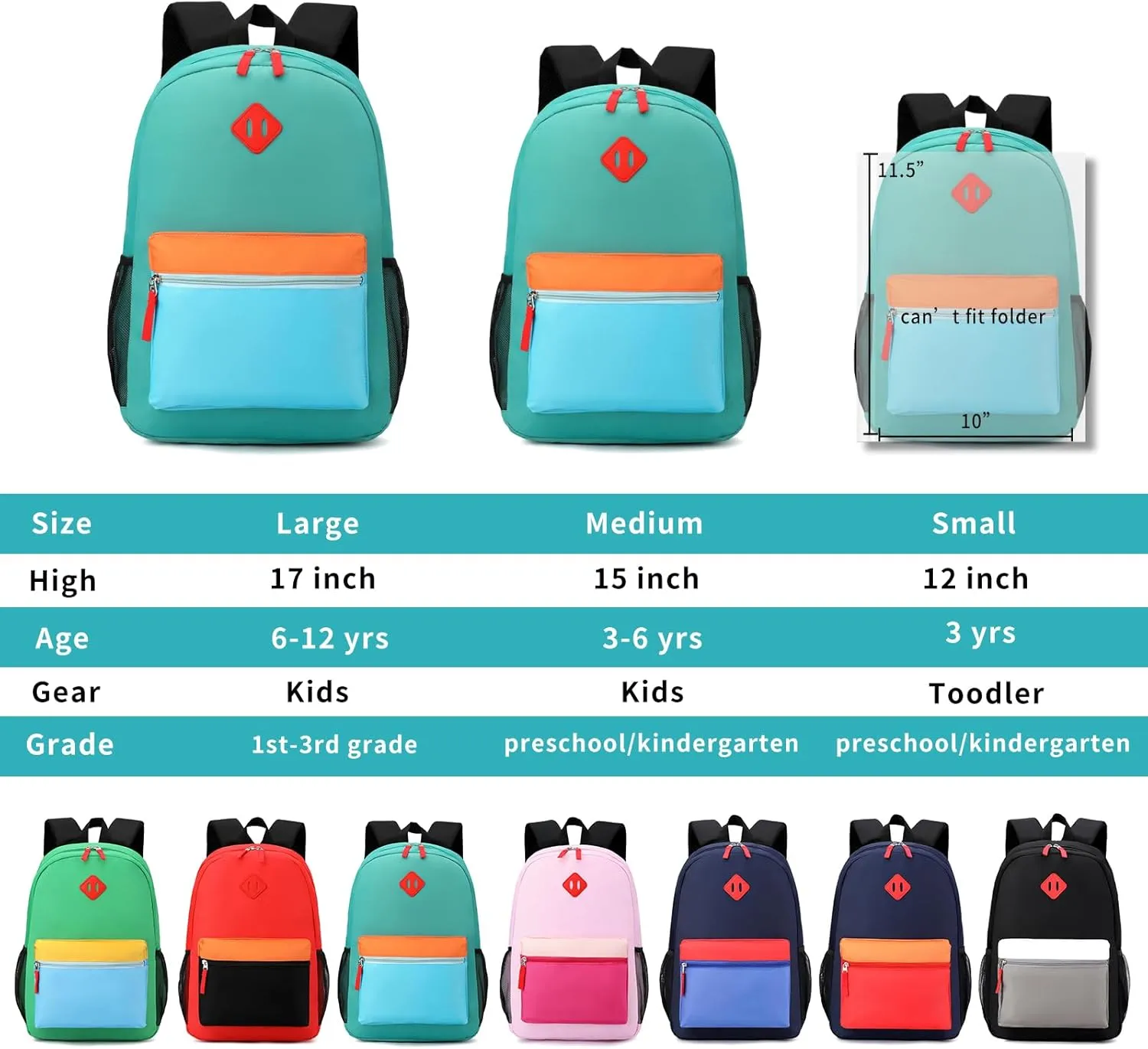 Elementary Backpack for Boys and Girls 5-9 Years Kindergarten Primary Kids Bookbag with Chest Buckle (Lake Green Blue, Large-17inch)
