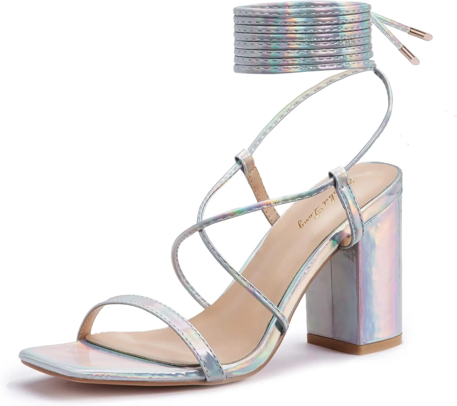 Elisabet Tang Women's Strappy Chunky Heels Sandals, 3 inch Low Block Heels Lace Up Ankle Wrap Heels Square Open Toe Tie Up Heeled Sandals Shoes