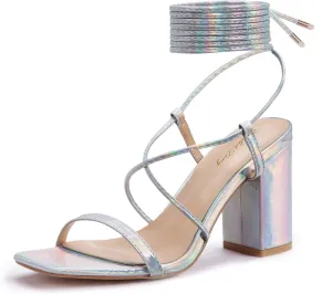 Elisabet Tang Women's Strappy Chunky Heels Sandals, 3 inch Low Block Heels Lace Up Ankle Wrap Heels Square Open Toe Tie Up Heeled Sandals Shoes