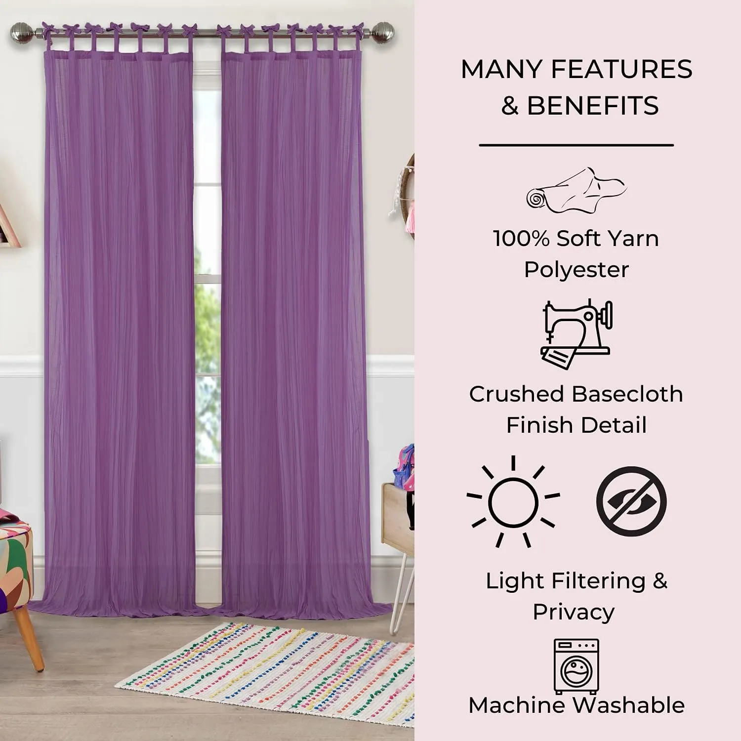 Elrene Home Fashions Greta Crushed Sheer Tie Tab Top Teen Kids Single Window Panel Curtain Drape, Purple, 50" x 95"