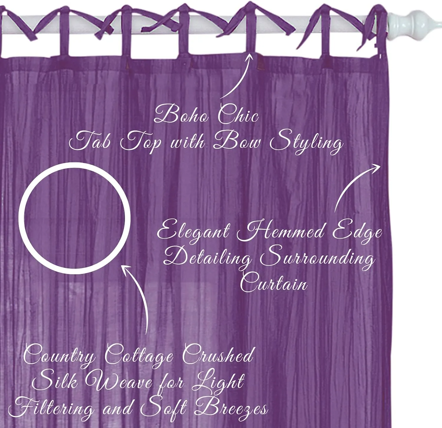 Elrene Home Fashions Greta Crushed Sheer Tie Tab Top Teen Kids Single Window Panel Curtain Drape, Purple, 50" x 95"