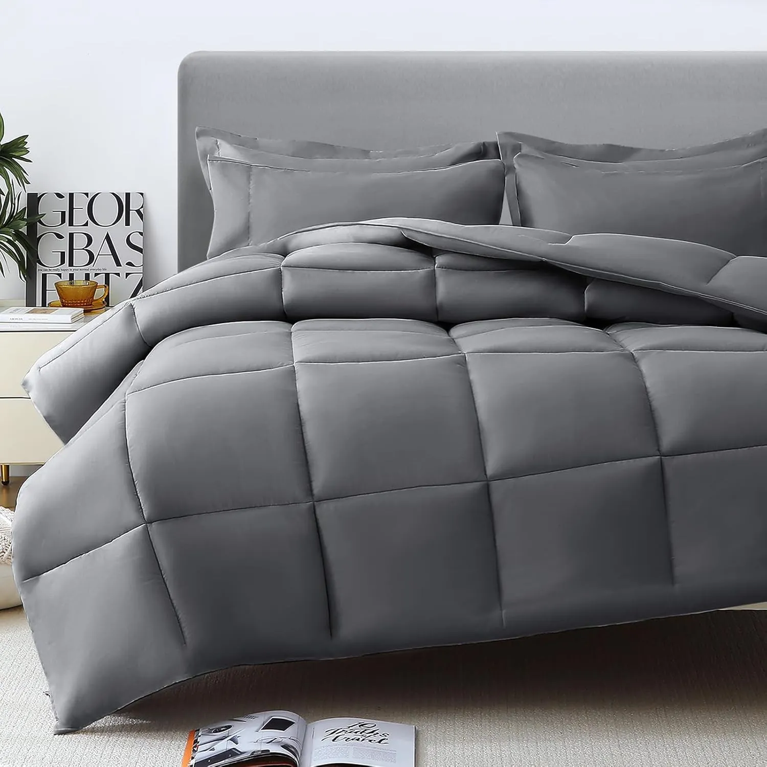 Emperor King Size Cotton Comforter Set Dark Gray 5 Pieces Bed in a Bag All Season Emperor King Bedding Sets with 1 Comforter, 1 Flat Sheet, 1 Fitted Sheet, and 2 Pillowcase