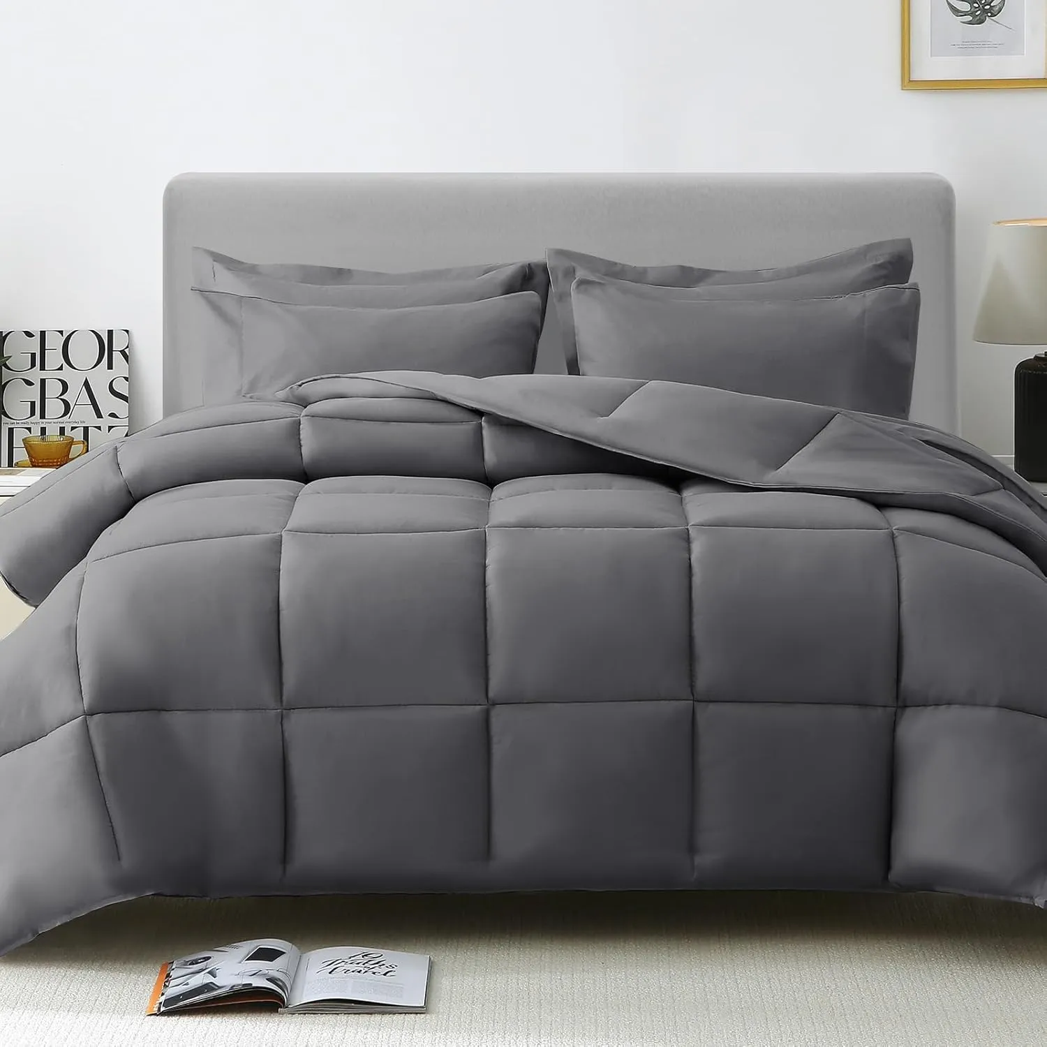 Emperor King Size Cotton Comforter Set Dark Gray 5 Pieces Bed in a Bag All Season Emperor King Bedding Sets with 1 Comforter, 1 Flat Sheet, 1 Fitted Sheet, and 2 Pillowcase