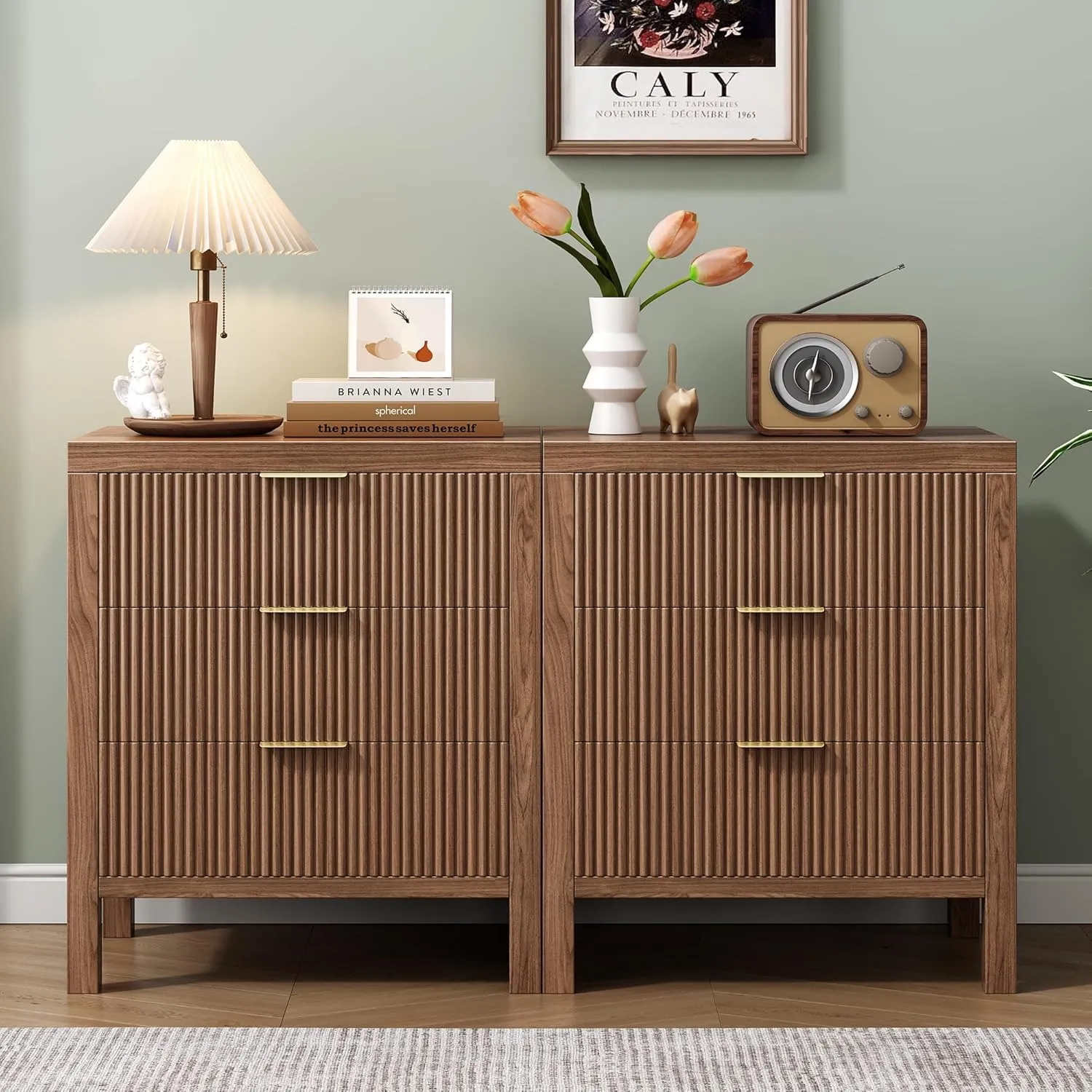 End Table with Storage, Wooden Farmhouse Nightstands with 3 Drawers, Bedside Table - Boho Tall Side Table Accent for Bedroom, Living Room, Walnut