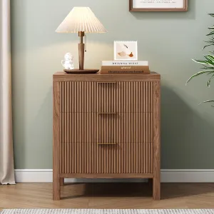 End Table with Storage, Wooden Farmhouse Nightstands with 3 Drawers, Bedside Table - Boho Tall Side Table Accent for Bedroom, Living Room, Walnut