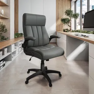 Ergonomic Faux Leather Office Chair, High Back Padded Executive Desk Chair with Flip-Up Armrests, Adjustable Height, Tilt Control, and Smooth-Rolling Wheels for Home and Office Desk, Grey