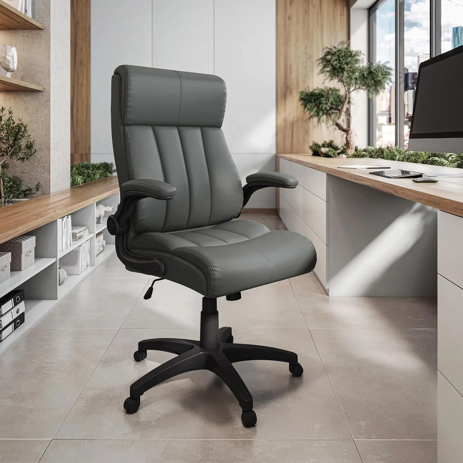 Ergonomic Faux Leather Office Chair, High Back Padded Executive Desk Chair with Flip-Up Armrests, Adjustable Height, Tilt Control, and Smooth-Rolling Wheels for Home and Office Desk, Grey