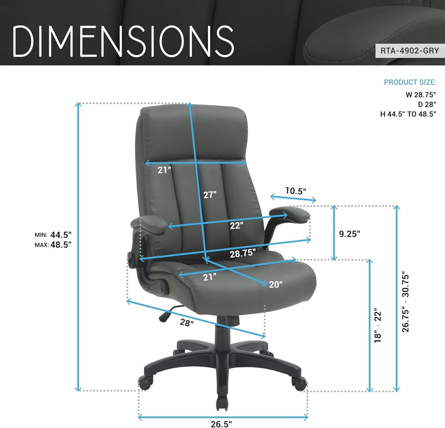 Ergonomic Faux Leather Office Chair, High Back Padded Executive Desk Chair with Flip-Up Armrests, Adjustable Height, Tilt Control, and Smooth-Rolling Wheels for Home and Office Desk, Grey