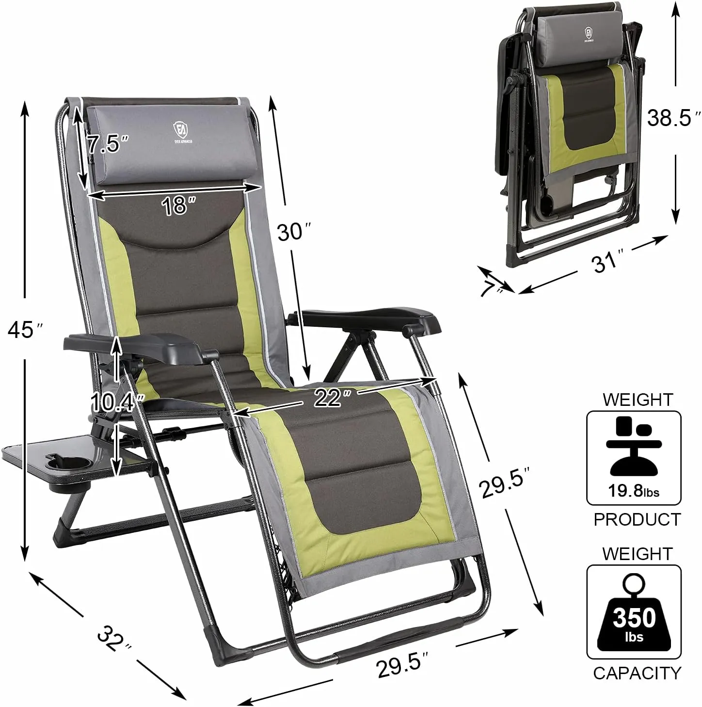 EVER ADVANCED Set of 2 Oversize XL Zero Gravity Recliner Padded Patio Lounger Chair with Adjustable Headrest Support 350lbs (Olive Green)