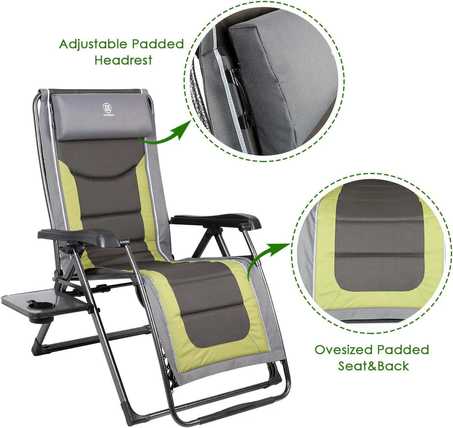EVER ADVANCED Set of 2 Oversize XL Zero Gravity Recliner Padded Patio Lounger Chair with Adjustable Headrest Support 350lbs (Olive Green)