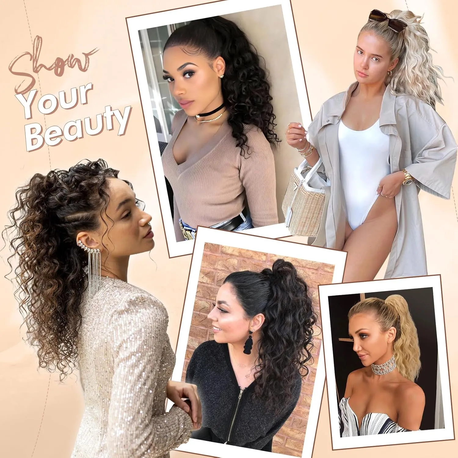 FESHFEN Ponytail Extensions, Long Curly Wavy Drawstring Ponytails Fluffy Clip in Pony Tail Hair Piece Synthetic Hairpieces for Women, 18 inch Ash Blonde