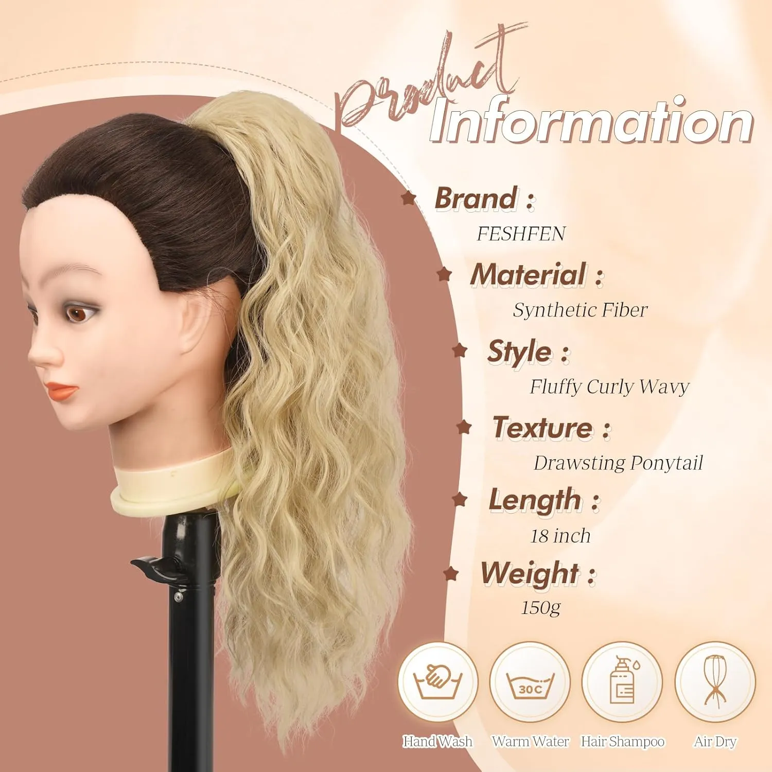 FESHFEN Ponytail Extensions, Long Curly Wavy Drawstring Ponytails Fluffy Clip in Pony Tail Hair Piece Synthetic Hairpieces for Women, 18 inch Ash Blonde