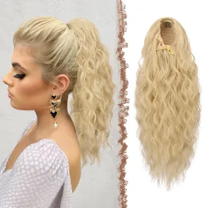 FESHFEN Ponytail Extensions, Long Curly Wavy Drawstring Ponytails Fluffy Clip in Pony Tail Hair Piece Synthetic Hairpieces for Women, 18 inch Ash Blonde