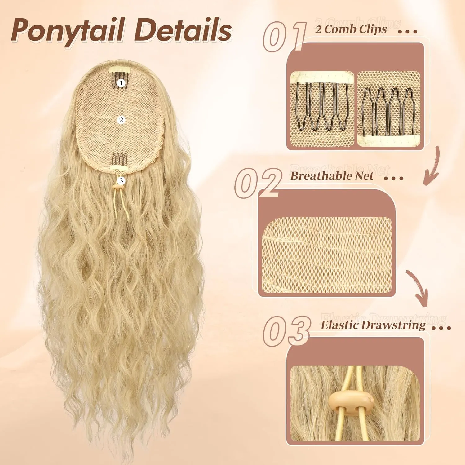 FESHFEN Ponytail Extensions, Long Curly Wavy Drawstring Ponytails Fluffy Clip in Pony Tail Hair Piece Synthetic Hairpieces for Women, 18 inch Ash Blonde